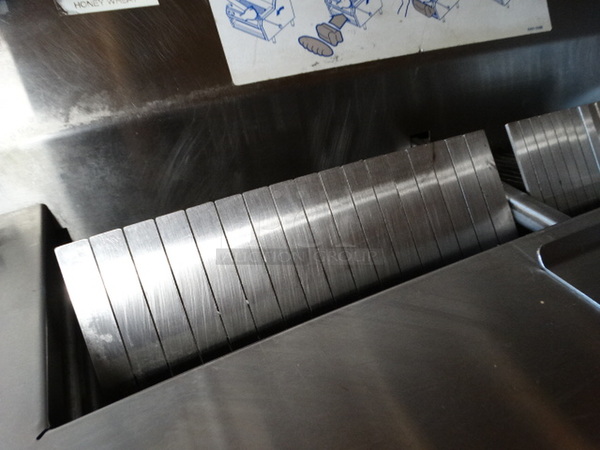 FANTASTIC! Oliver Model 758N Metal Commercial Floor Style Front Load Bread Loaf Slicer w/ 2 Thickness Options on Commercial Casters. 115 Volts, 1 Phase. 34x29x50. Tested and Working! - Image 5 of 10