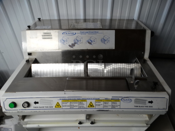 FANTASTIC! Oliver Model 758N Metal Commercial Floor Style Front Load Bread Loaf Slicer w/ 2 Thickness Options on Commercial Casters. 115 Volts, 1 Phase. 34x29x50. Tested and Working! - Image 7 of 10