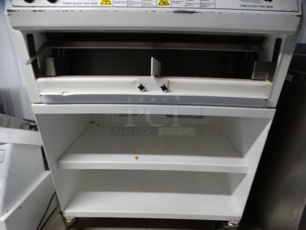 FANTASTIC! Oliver Model 758N Metal Commercial Floor Style Front Load Bread Loaf Slicer w/ 2 Thickness Options on Commercial Casters. 115 Volts, 1 Phase. 34x29x50. Tested and Working! - Image 8 of 10