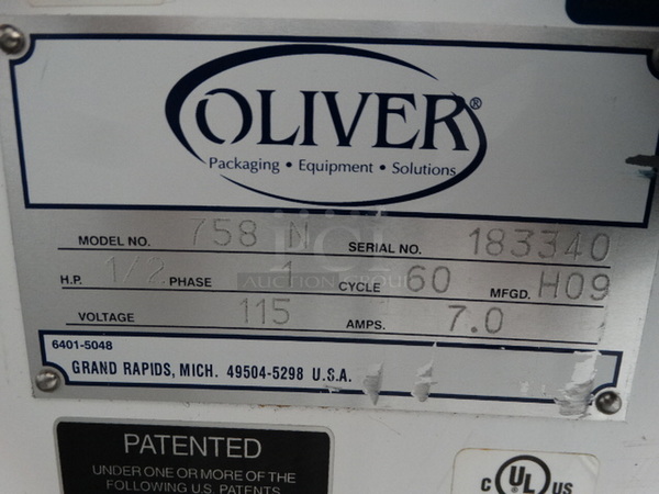 FANTASTIC! Oliver Model 758N Metal Commercial Floor Style Front Load Bread Loaf Slicer w/ 2 Thickness Options on Commercial Casters. 115 Volts, 1 Phase. 34x29x50. Tested and Working! - Image 9 of 10