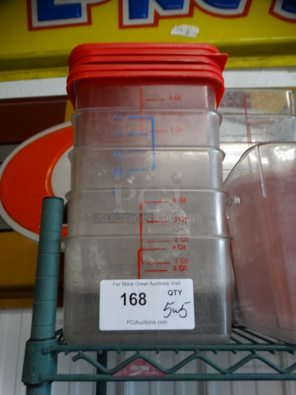5 Poly Clear Containers w/ 5 Red Lids. 9x9x4. 5 Times Your Bid!