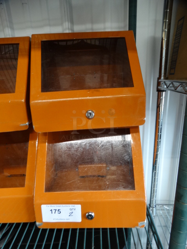 2 Orange Metal Cash Deposit Boxes w/ Top Slot and Clear Front Panel. 11.5x10x10. 2 Times Your Bid!