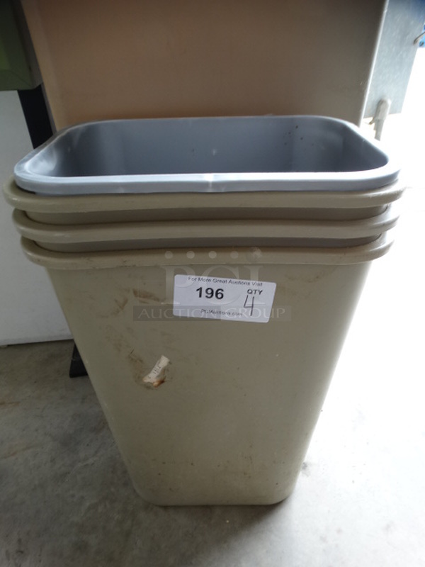4 Poly Trash Cans; 1 Gray and 3 Tan. Includes 11x14.5x20. 4 Times Your Bid!
