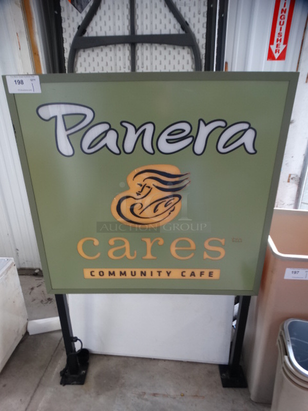 Green Panera Cares Community Cafe Sign on 2 Black Metal Legs. 36x5x58