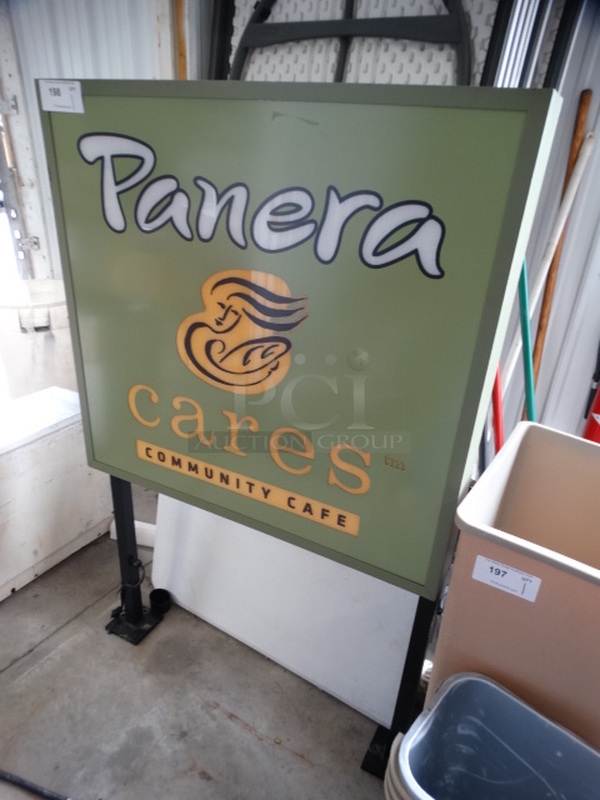 Green Panera Cares Community Cafe Sign on 2 Black Metal Legs. 36x5x58 - Image 2 of 4