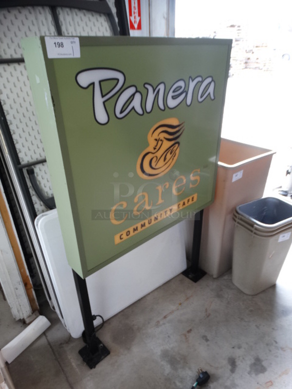 Green Panera Cares Community Cafe Sign on 2 Black Metal Legs. 36x5x58 - Image 3 of 4
