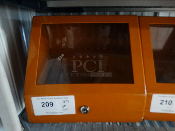 2 Orange Metal Cash Deposit Boxes w/ Top Slot and Clear Front Panel. 11.5x10x10. 2 Times Your Bid!