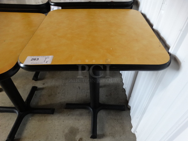 Yellow Table on Black Metal Table Base. Stock Picture - Cosmetic Condition May Vary. 24x24x30