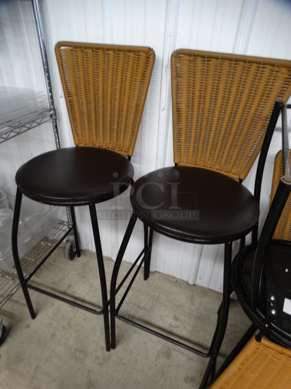 2 Bar Height Chairs w/ Wicker Style Backrest and Brown Seat Cushion on Black Metal Frame. 18x18x44. 2 Times Your Bid! - Image 2 of 4