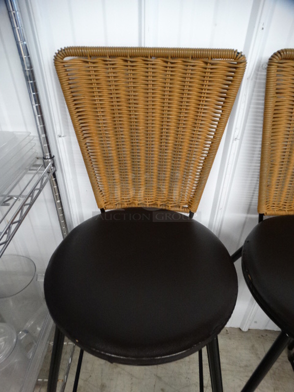 2 Bar Height Chairs w/ Wicker Style Backrest and Brown Seat Cushion on Black Metal Frame. 18x18x44. 2 Times Your Bid! - Image 3 of 4