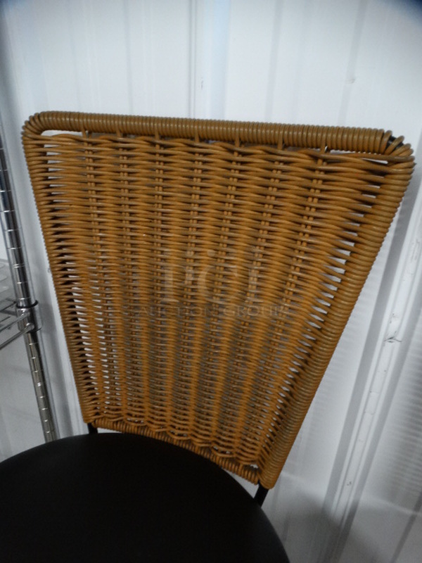 2 Bar Height Chairs w/ Wicker Style Backrest and Brown Seat Cushion on Black Metal Frame. 18x18x44. 2 Times Your Bid! - Image 4 of 4