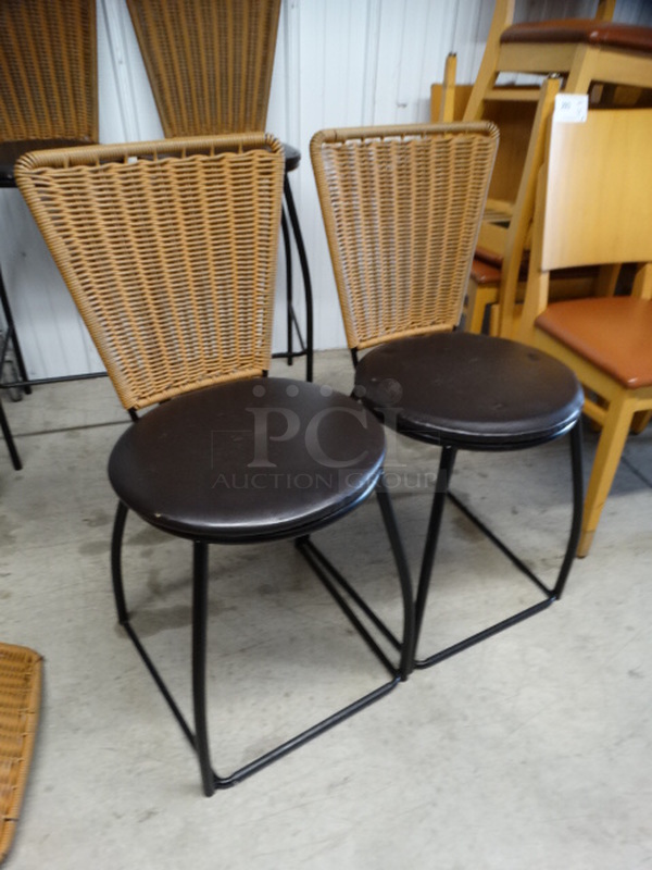 2 Dining Chairs w/ Wicker Style Backrest and Brown Seat Cushion on Black Metal Frame. 18x18x34. 2 Times Your Bid! - Image 2 of 5