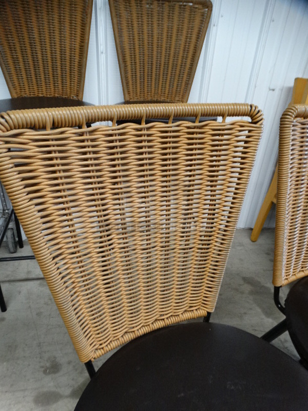 2 Dining Chairs w/ Wicker Style Backrest and Brown Seat Cushion on Black Metal Frame. 18x18x34. 2 Times Your Bid! - Image 4 of 5