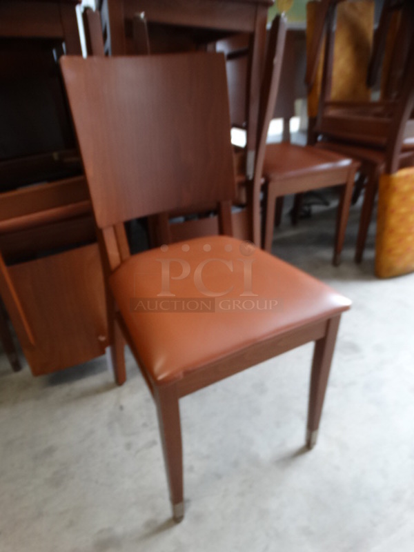 4 Dark Wood Pattern Dining Chairs w/ Brown Seat Cushion. Stock Picture - Cosmetic Condition May Vary. 18x18x35. 4 Times Your Bid! - Image 3 of 6