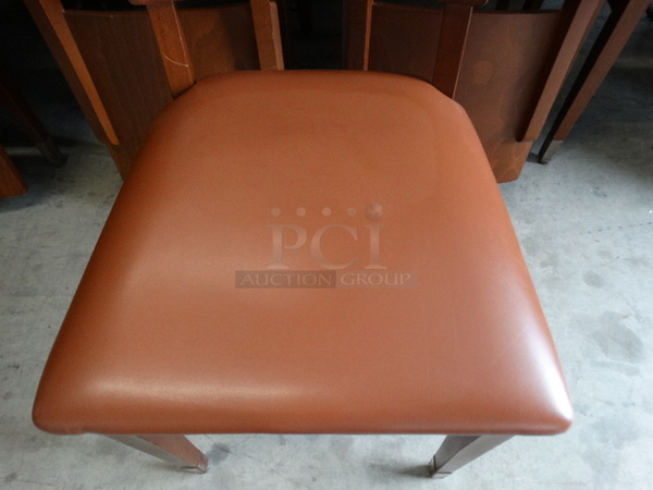 4 Dark Wood Pattern Dining Chairs w/ Brown Seat Cushion. Stock Picture - Cosmetic Condition May Vary. 18x18x35. 4 Times Your Bid! - Image 5 of 6