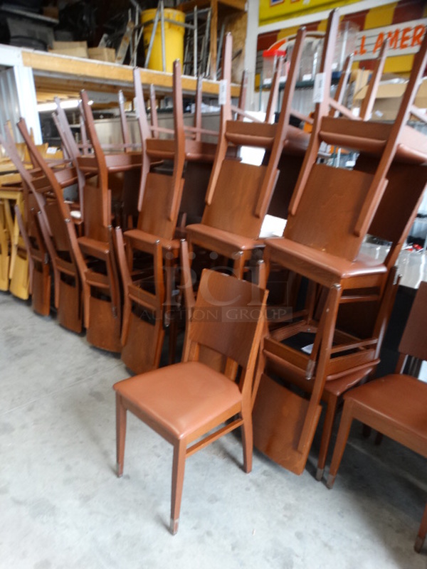 4 Dark Wood Pattern Dining Chairs w/ Brown Seat Cushion. Stock Picture - Cosmetic Condition May Vary. 18x18x35. 4 Times Your Bid! - Image 6 of 6