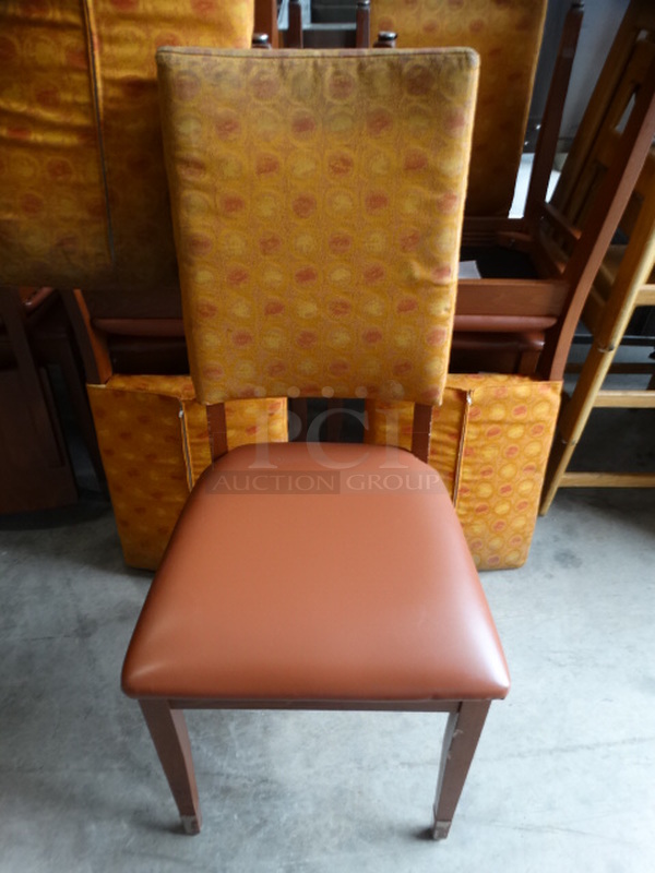 4 Dining Chairs w/ Patterned Backrest and Brown Seat Cushion. Stock Picture - Cosmetic Condition May Vary. 18x18x39. 4 Times Your Bid!