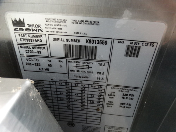 BEAUTIFUL! 2008 Taylor Model C709-33 Stainless Steel Commercial Floor Style Air Cooled Single Flavor Soft Serve Ice Cream Machine on Commercial Casters. 208-230 Volts, 3 Phase. 21x33x61.5 - Image 8 of 9
