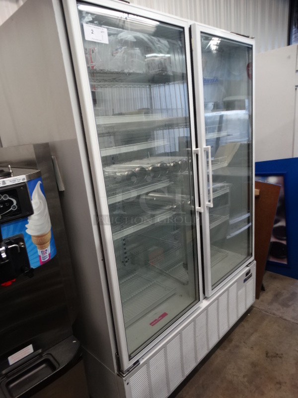 WOW! Master Bilt Model BLG-52HD Metal Commercial 2 Door Reach In Freezer Merchandiser w/ Poly Coated Racks on Commercial Casters. 115 Volts, 1 Phase. 56x33x81. Cannot Test Due To Plug Style  - Image 3 of 7
