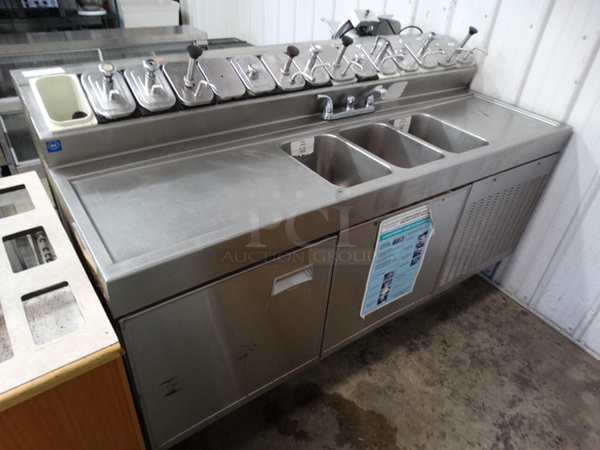 AMAZING! Stainless Steel Commercial Work Station w/ Single Door Undercounter Freezer, 15 Compartment Topping Rail Fountainette, 3 Bay Sink, Dual Drainboards, Faucet and Handles. 72x32x45. Bays 9x14x9. Drainboards 24x16x1. Cannot Test - Unit Was Previously Hardwired - Image 2 of 9