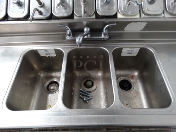 AMAZING! Stainless Steel Commercial Work Station w/ Single Door Undercounter Freezer, 15 Compartment Topping Rail Fountainette, 3 Bay Sink, Dual Drainboards, Faucet and Handles. 72x32x45. Bays 9x14x9. Drainboards 24x16x1. Cannot Test - Unit Was Previously Hardwired - Image 5 of 9