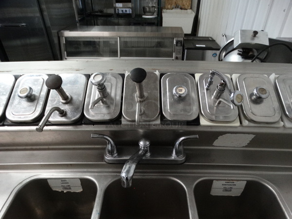 AMAZING! Stainless Steel Commercial Work Station w/ Single Door Undercounter Freezer, 15 Compartment Topping Rail Fountainette, 3 Bay Sink, Dual Drainboards, Faucet and Handles. 72x32x45. Bays 9x14x9. Drainboards 24x16x1. Cannot Test - Unit Was Previously Hardwired - Image 6 of 9
