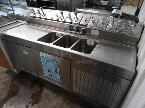 AMAZING! Stainless Steel Commercial Work Station w/ Single Door Undercounter Freezer, 15 Compartment Topping Rail Fountainette, 3 Bay Sink, Dual Drainboards, Faucet and Handles. 72x32x45. Bays 9x14x9. Drainboards 24x16x1. Cannot Test - Unit Was Previously Hardwired - Image 8 of 9