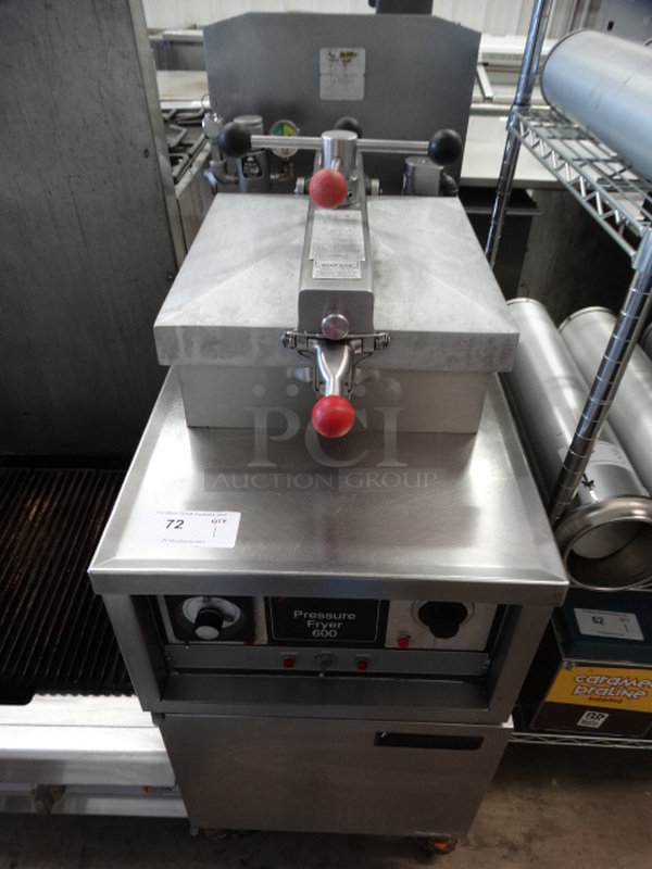 BEAUTIFUL! Henny Penny Model 600 Stainless Steel Commercial Gas Powered Pressure Fryer on Commercial Casters. 18x38x48