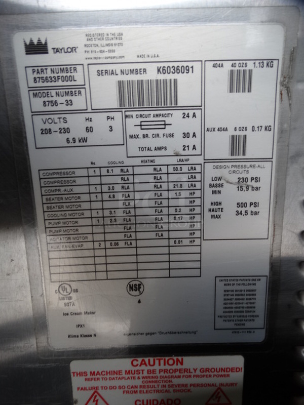BEAUTIFUL! 2006 Taylor Model 8756-33 Stainless Steel Commercial Floor Style Air Cooled 2 Flavor w/ Twist Soft Serve Ice Cream Machine on Commercial Casters. 208-230 Volts, 3 Phase. 26x36x69 - Image 5 of 10