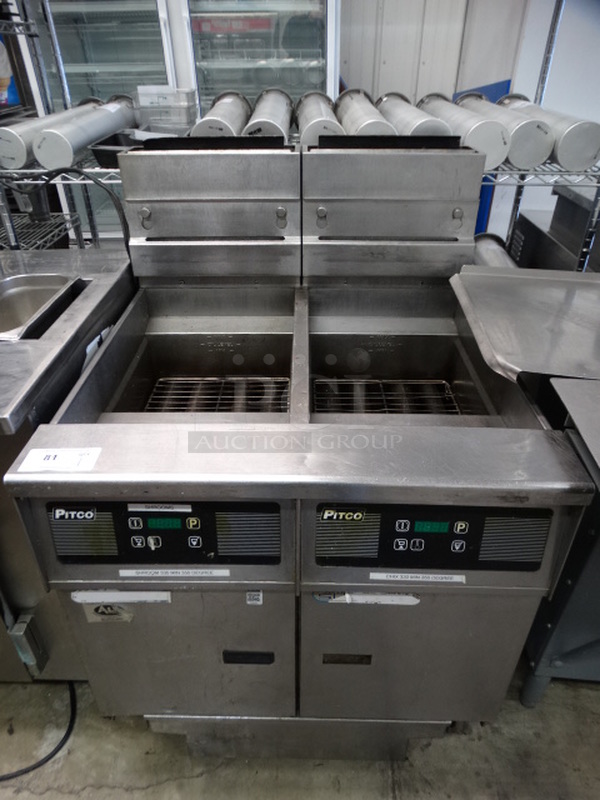 AWESOME! 2014 Pitco Frialator Model SSH55 Stainless Steel Commercial Natural Gas Powered 2 Bay Deep Fat Fryer w/ Filtration System on Commercial Casters. 80,000 BTU. 31x34x47