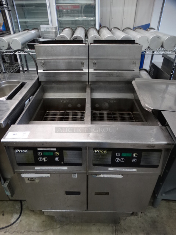 AWESOME! 2014 Pitco Frialator Model SSH55 Stainless Steel Commercial Natural Gas Powered 2 Bay Deep Fat Fryer w/ Filtration System on Commercial Casters. 80,000 BTU. 31x34x47 - Image 1 of 10