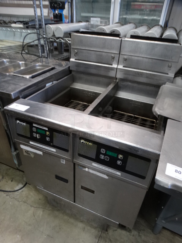AWESOME! 2014 Pitco Frialator Model SSH55 Stainless Steel Commercial Natural Gas Powered 2 Bay Deep Fat Fryer w/ Filtration System on Commercial Casters. 80,000 BTU. 31x34x47 - Image 2 of 10