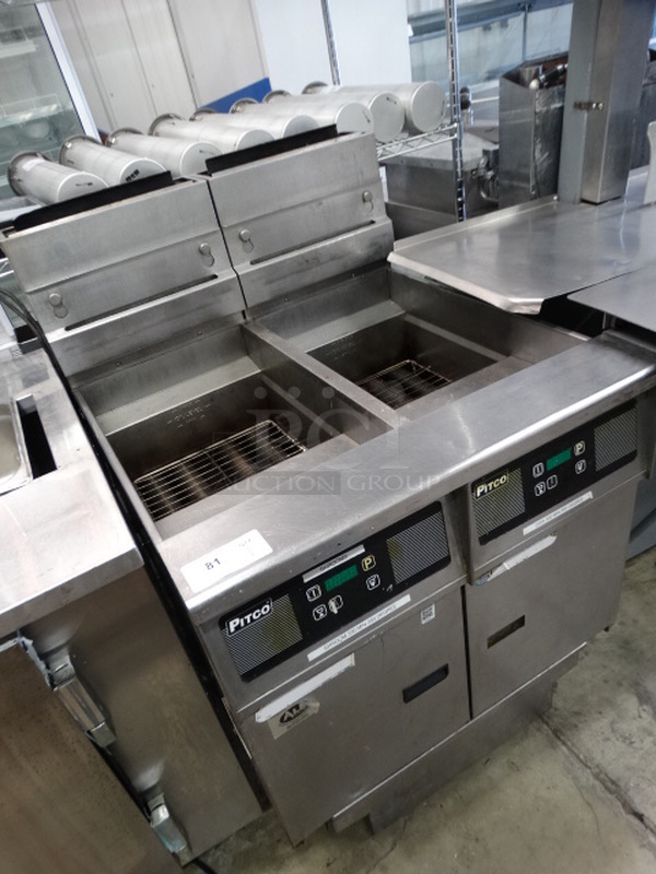 AWESOME! 2014 Pitco Frialator Model SSH55 Stainless Steel Commercial Natural Gas Powered 2 Bay Deep Fat Fryer w/ Filtration System on Commercial Casters. 80,000 BTU. 31x34x47 - Image 3 of 10