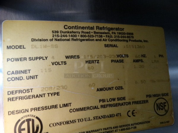 NICE! Continental Model DL1W-SS Stainless Steel Commercial Single Door Reach In Cooler on Commercial Casters. 115/208-230 Volts, 1 Phase. 26x34x83. Cannot Test - Unit Was Previously Hardwired - Image 8 of 8