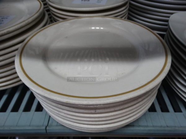 10 White Ceramic Plates w/ Gold Colored Line on Rim. 9.5x9.5x1. 10 Times Your Bid!