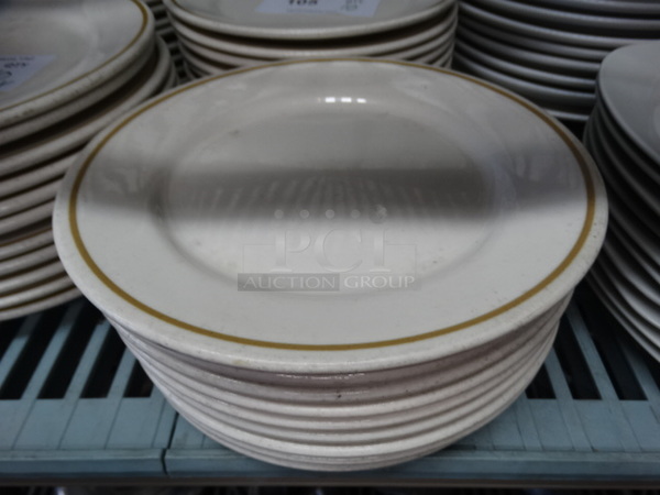 10 White Ceramic Plates w/ Gold Colored Line on Rim. 9.5x9.5x1. 10 Times Your Bid! - Image 1 of 3
