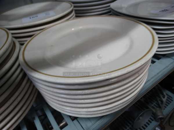 10 White Ceramic Plates w/ Gold Colored Line on Rim. 9.5x9.5x1. 10 Times Your Bid! - Image 2 of 3