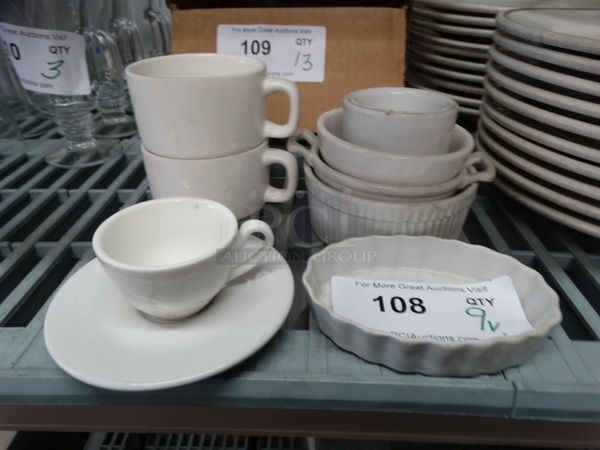 9 Various White Ceramic Dishes Including Mugs and Plate. 9 Times Your Bid!