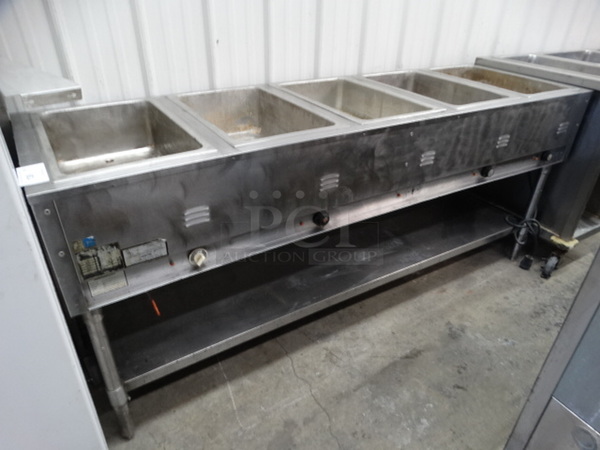 NICE! Eagle Stainless Steel Commercial Electric Powered 5 Well Steam Table w/ Undershelf and Shelf Frame Attachment. 79x24x34. Cannot Test Due To Plug Style 