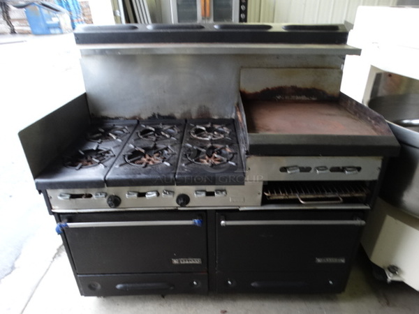 NICE! Garland Metal Commercial Gas Powered 6 Burner Range w/ Right Side Flat Top Griddle, 2 Lower Ovens and Metal Overshelf.  62x33x58