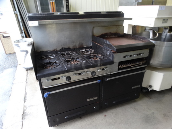 NICE! Garland Metal Commercial Gas Powered 6 Burner Range w/ Right Side Flat Top Griddle, 2 Lower Ovens and Metal Overshelf.  62x33x58 - Image 2 of 10