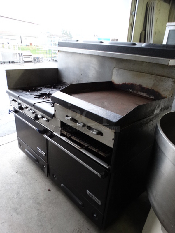 NICE! Garland Metal Commercial Gas Powered 6 Burner Range w/ Right Side Flat Top Griddle, 2 Lower Ovens and Metal Overshelf.  62x33x58 - Image 3 of 10