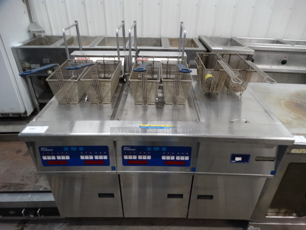 FANTASTIC! Pitco Frialator Model FE14BS-CLQVZA Stainless Steel Commercial Electric Powered 2 Bay Fryer w/ Right Side Dumping Bay and 6 Metal Fry Baskets on Commercial Casters. 480 Volts, 3 Phase. 48x34x48