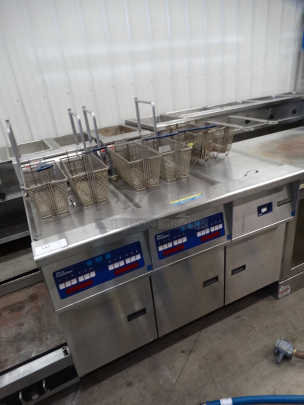 FANTASTIC! Pitco Frialator Model FE14BS-CLQVZA Stainless Steel Commercial Electric Powered 2 Bay Fryer w/ Right Side Dumping Bay and 6 Metal Fry Baskets on Commercial Casters. 480 Volts, 3 Phase. 48x34x48 - Image 3 of 11