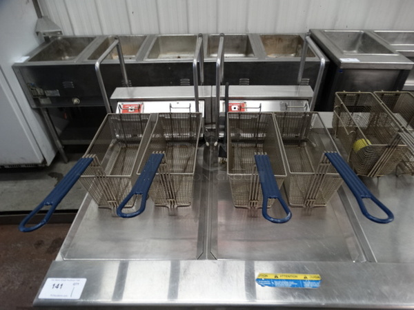 FANTASTIC! Pitco Frialator Model FE14BS-CLQVZA Stainless Steel Commercial Electric Powered 2 Bay Fryer w/ Right Side Dumping Bay and 6 Metal Fry Baskets on Commercial Casters. 480 Volts, 3 Phase. 48x34x48 - Image 4 of 11