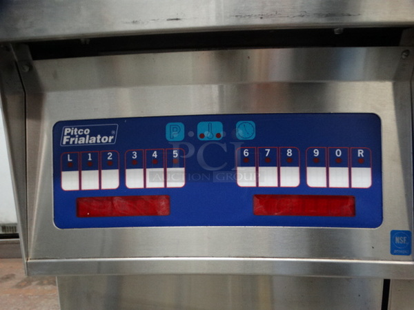 FANTASTIC! Pitco Frialator Model FE14BS-CLQVZA Stainless Steel Commercial Electric Powered 2 Bay Fryer w/ Right Side Dumping Bay and 6 Metal Fry Baskets on Commercial Casters. 480 Volts, 3 Phase. 48x34x48 - Image 6 of 11