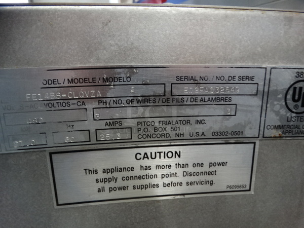 FANTASTIC! Pitco Frialator Model FE14BS-CLQVZA Stainless Steel Commercial Electric Powered 2 Bay Fryer w/ Right Side Dumping Bay and 6 Metal Fry Baskets on Commercial Casters. 480 Volts, 3 Phase. 48x34x48 - Image 9 of 11