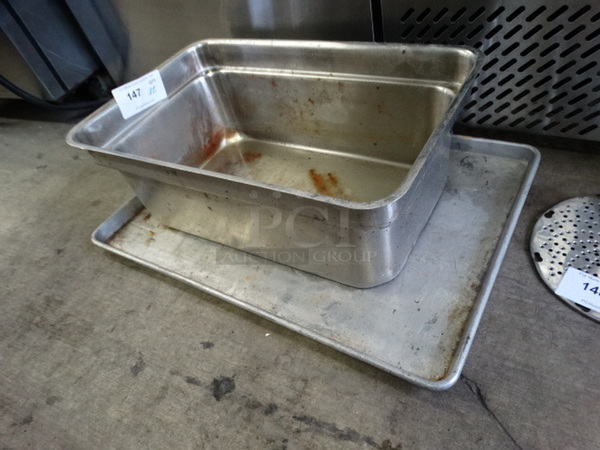 2 Metal Items; Fryer Bin and Full Size Baking Pan. 13.5x22x8, 18x26x1. 2 Times Your Bid!
 - Image 2 of 3