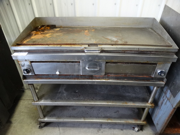 NICE! Stainless Steel Commercial Gas Powered Flat Top Griddle on Stainless Steel Stand w/ Commercial Casters. 48x24x45.5