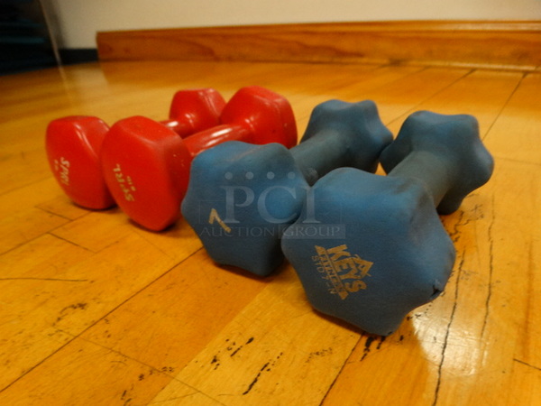 ALL ONE MONEY! Lot of 4 Dumbbells; 2 Red 6 Pound and 2 Blue 7 Pound!